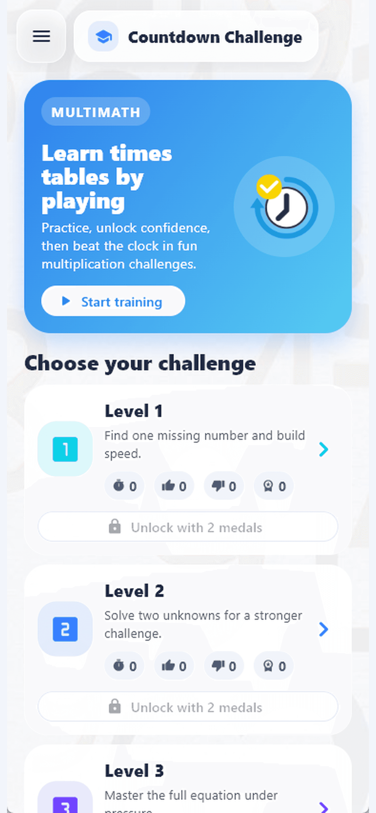 MULTIMATH home screen with countdown challenge levels