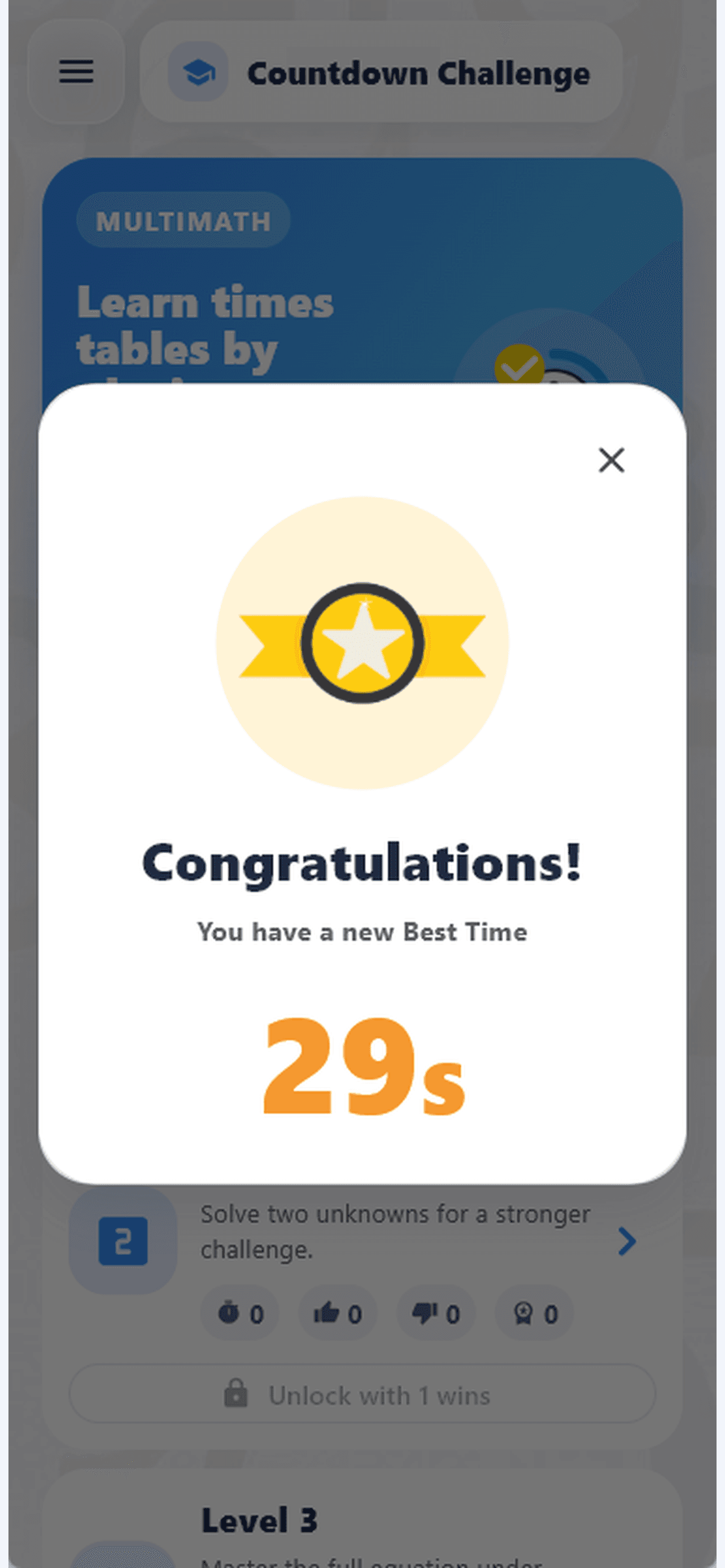 Congratulations screen with a new best time