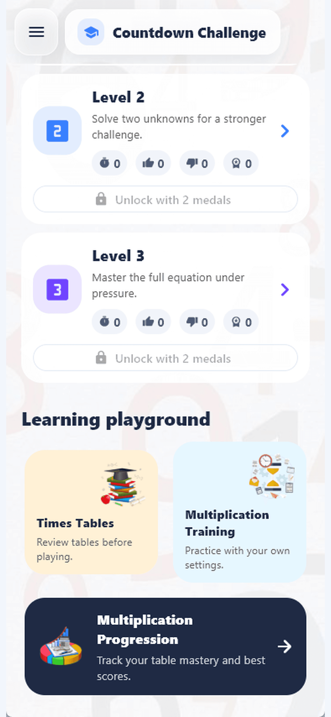 Multiplication training with custom settings